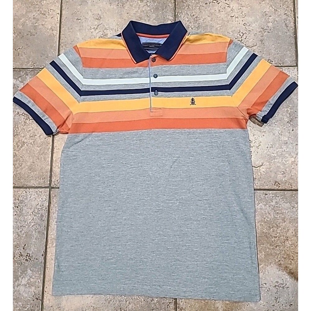 Rugatchi and Wear Polo Shirt Mens Lrg Blue Orange Striped Short Sleeve Cotton